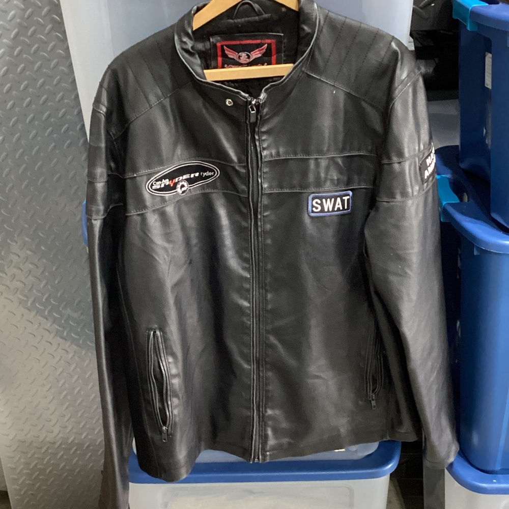 Men's Black Leather Bomber Jacket with Patches
